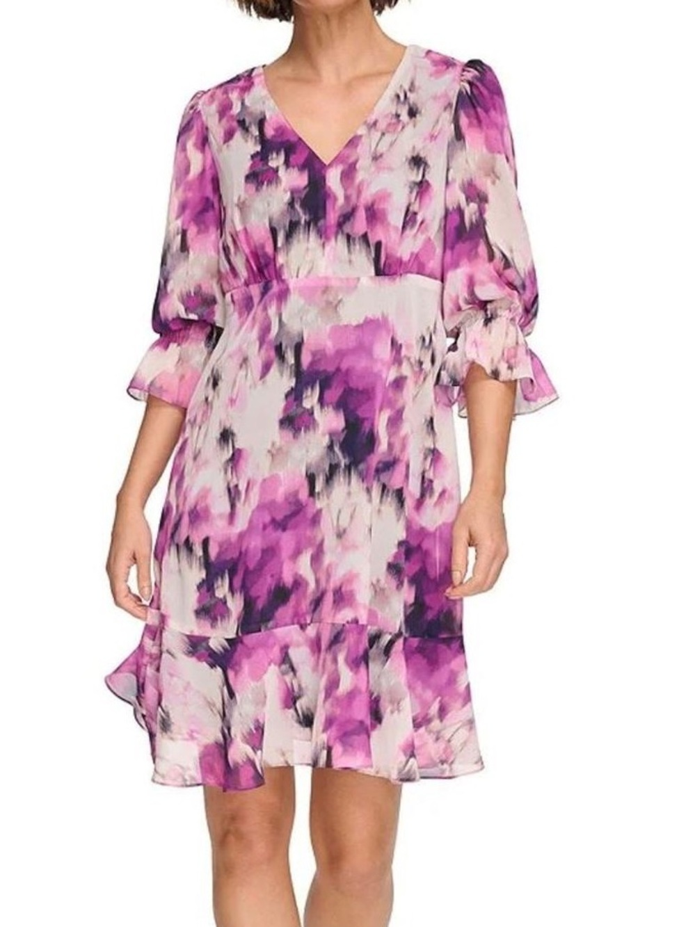 DKNY Floral V-Neck Tiered Midi Dress in Purple Bloom